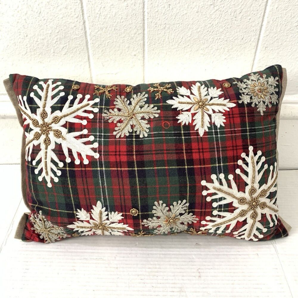 Pier 1 Throw Lumber Pillow Christmas Holiday‎ Embroidered Snowflakes Beads Plaid